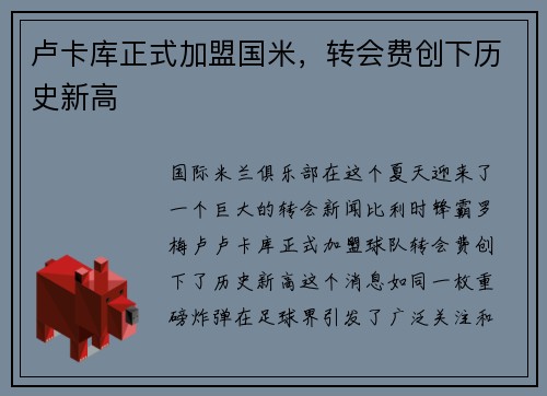 卢卡库正式加盟国米，转会费创下历史新高